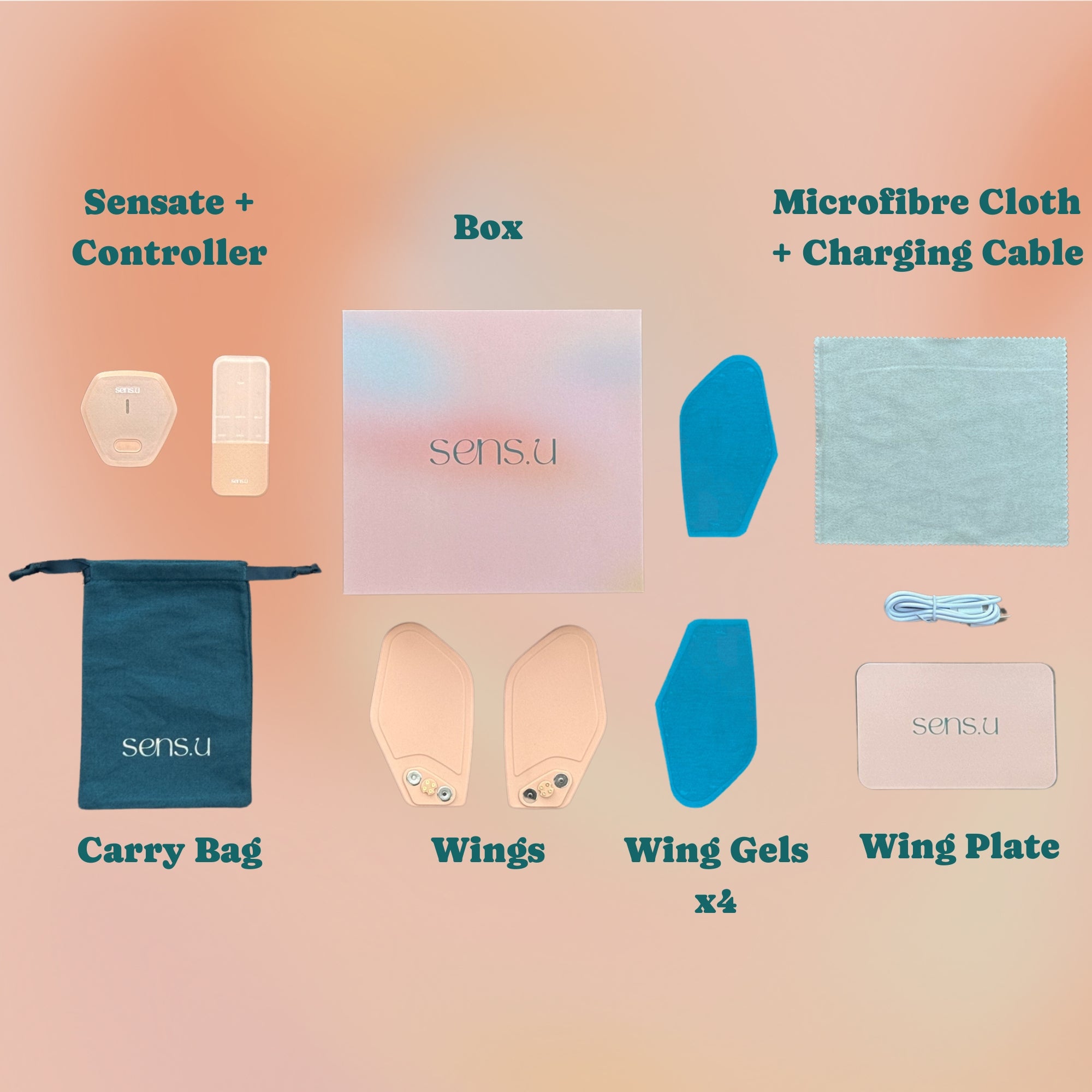 Products Included in Sens.U's Pain Relief Device Box on Gradient Pink Background